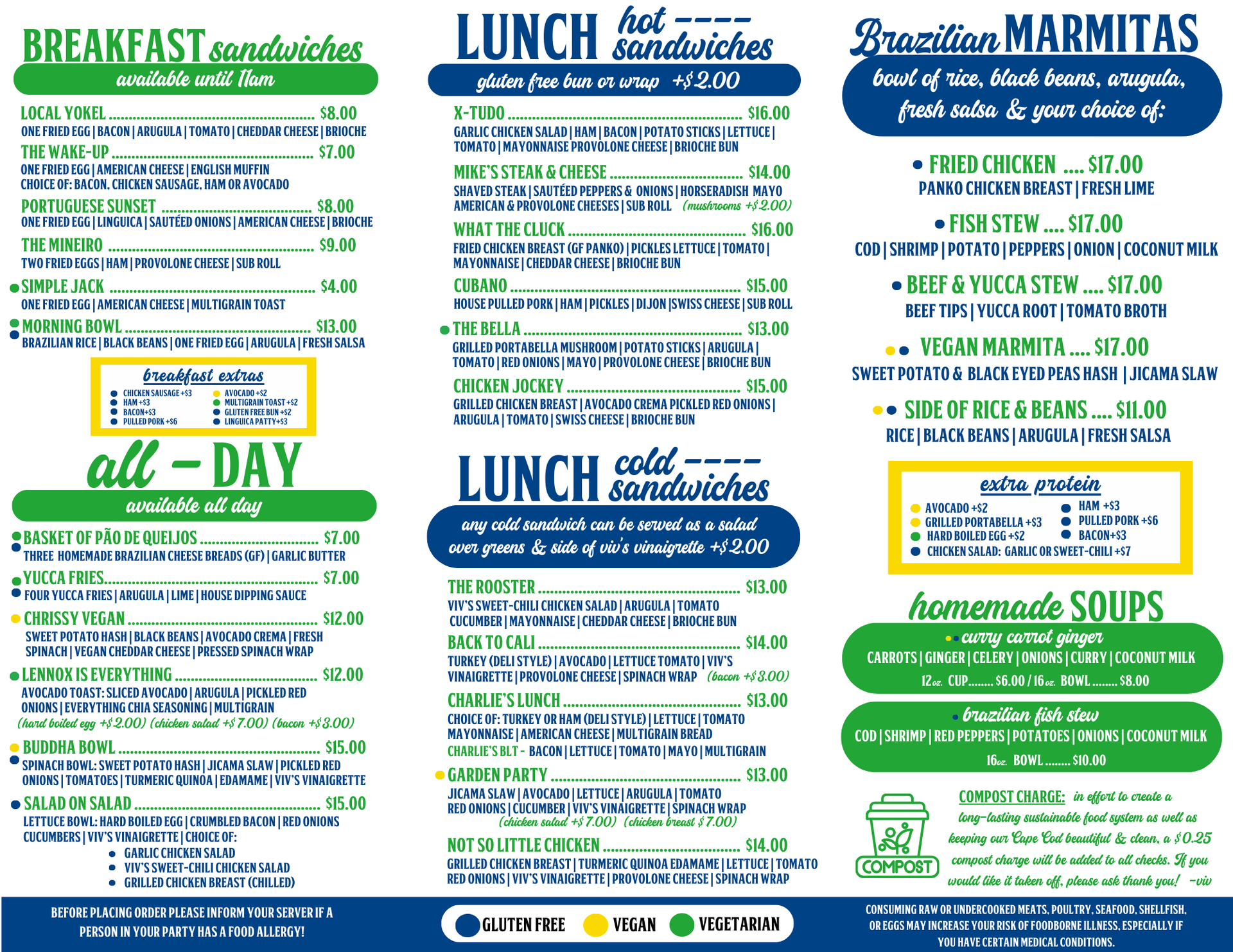 Menu for a restaurant offering breakfast sandwiches, lunch items, marmitas, salads, and soups, with color-coded food labels.