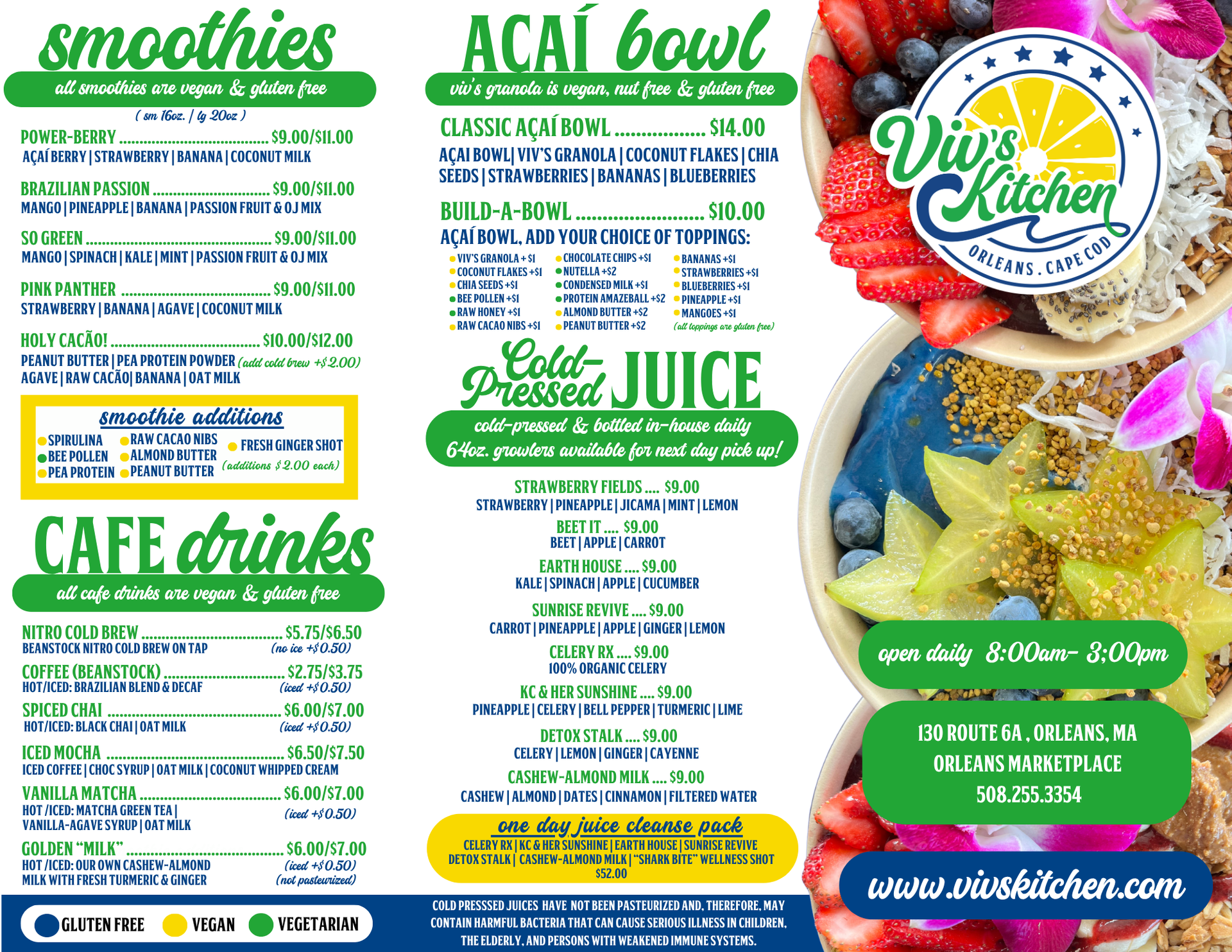 Menu for Viv’s Kitchen listing smoothies, acai bowls, cold-pressed juices, and cafe drinks with location and contact info.