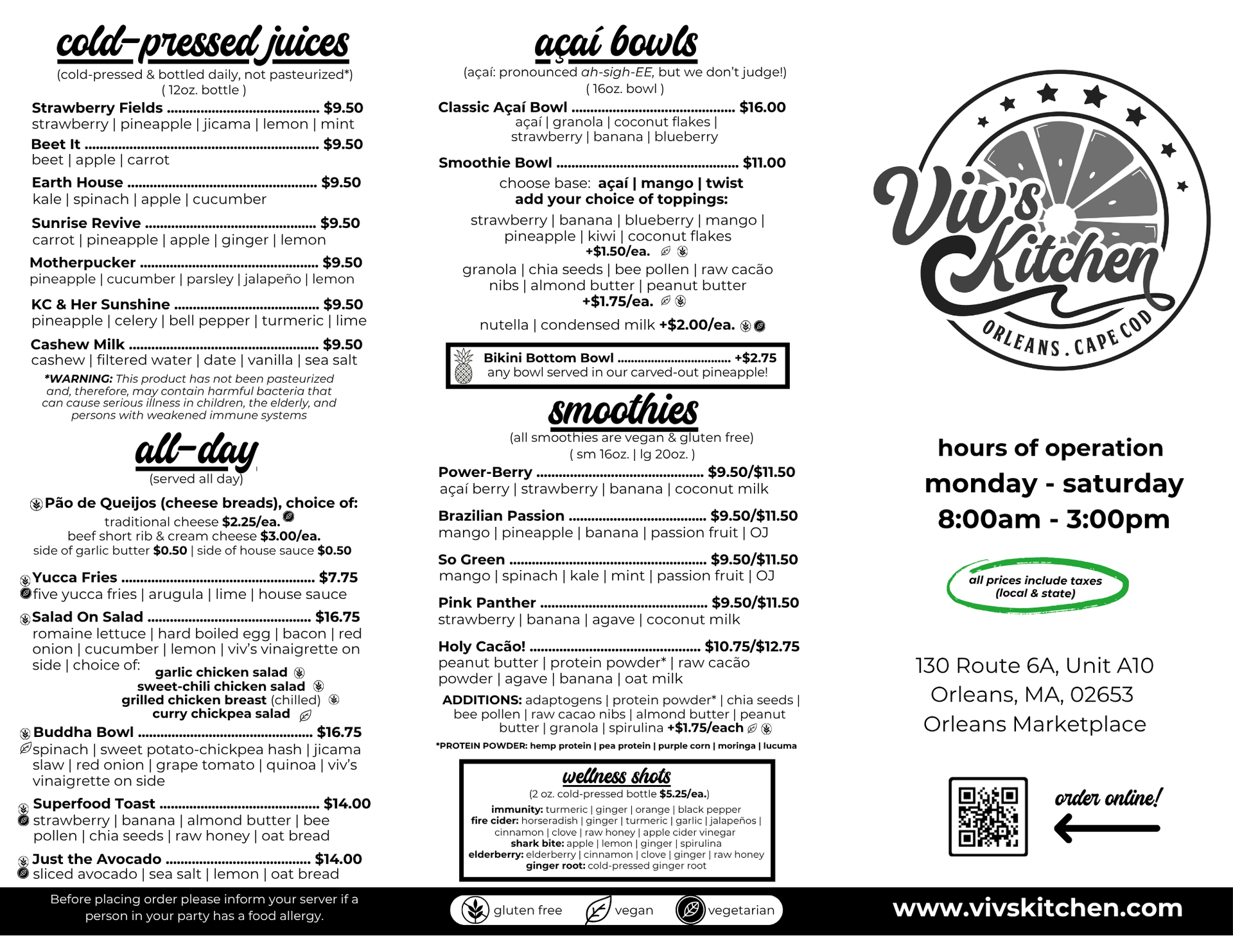 Black-and-white Wiis Kitchen menu flyer with food categories, logo, hours, and QR code.
