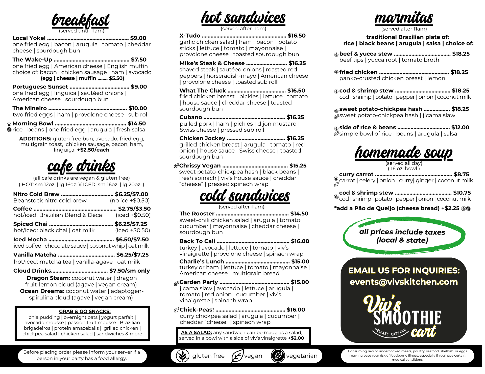 Restaurant menu with breakfast, sandwiches, salads, soups, and smoothies; green-highlighted gluten-free note on the right.