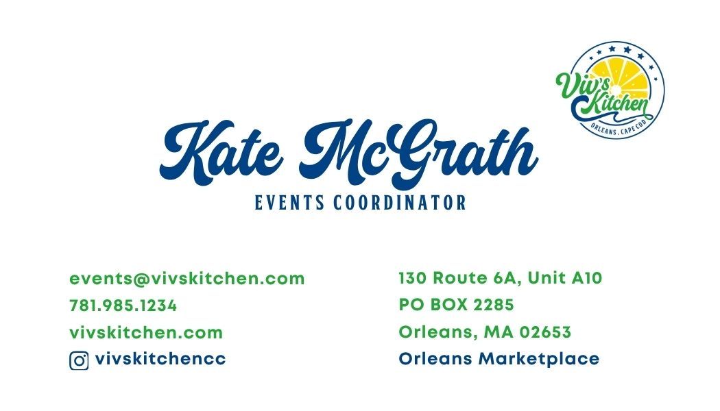 Kate McGrath Events Coordinator business card with contact info and green logo on white background