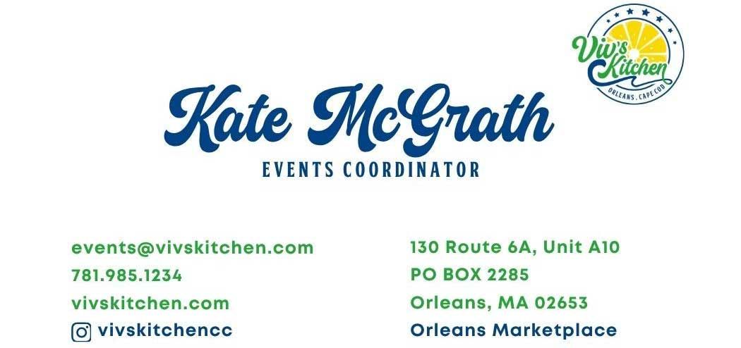 Kate McGrath Events Coordinator business card with contact info and green logo on white background