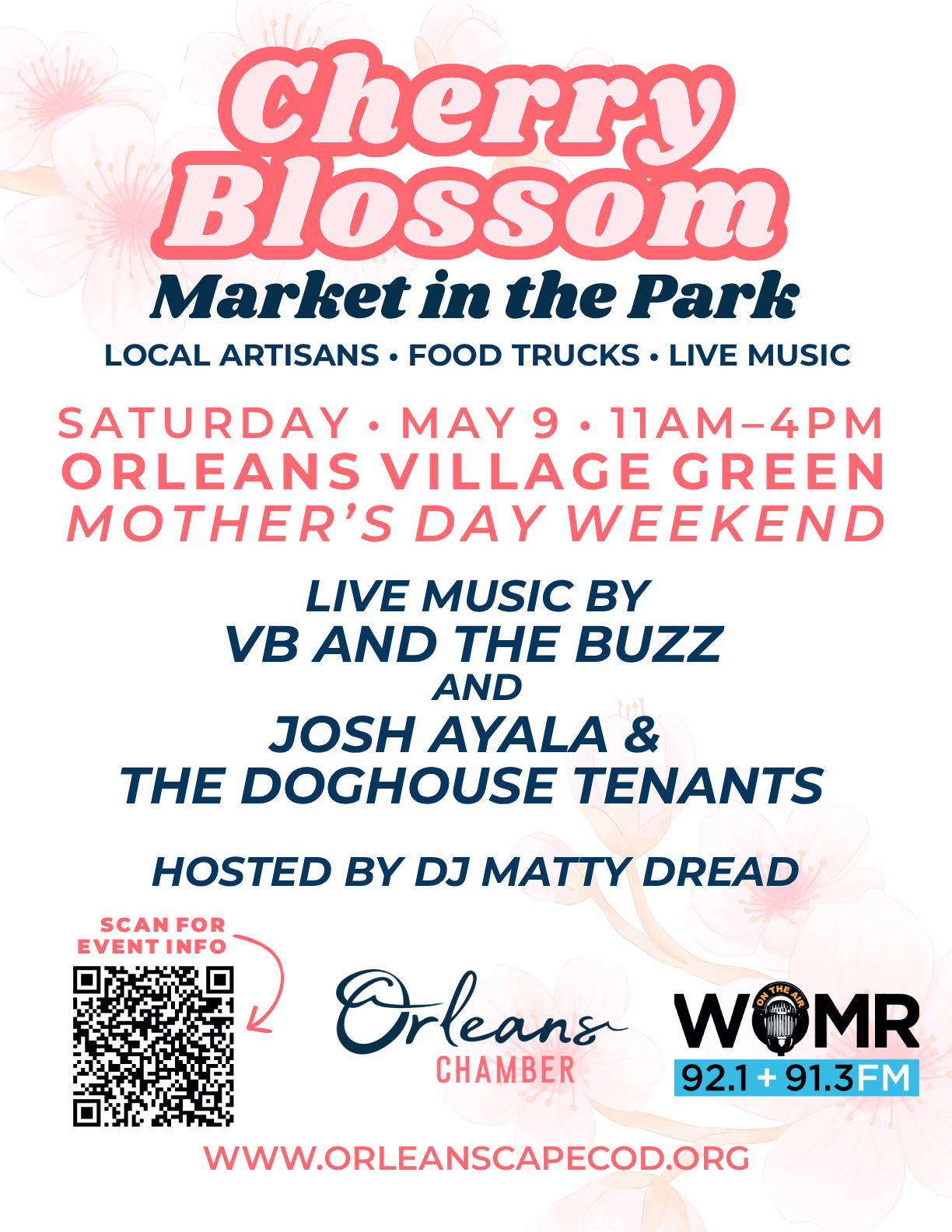 Cherry Blossom Market poster for Mother’s Day weekend at Orleans Village Green with live music lineup.