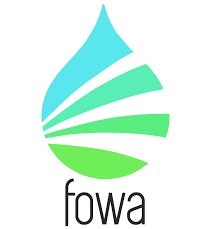 Logo of fowa, a stylized water droplet in teal and green, with the word