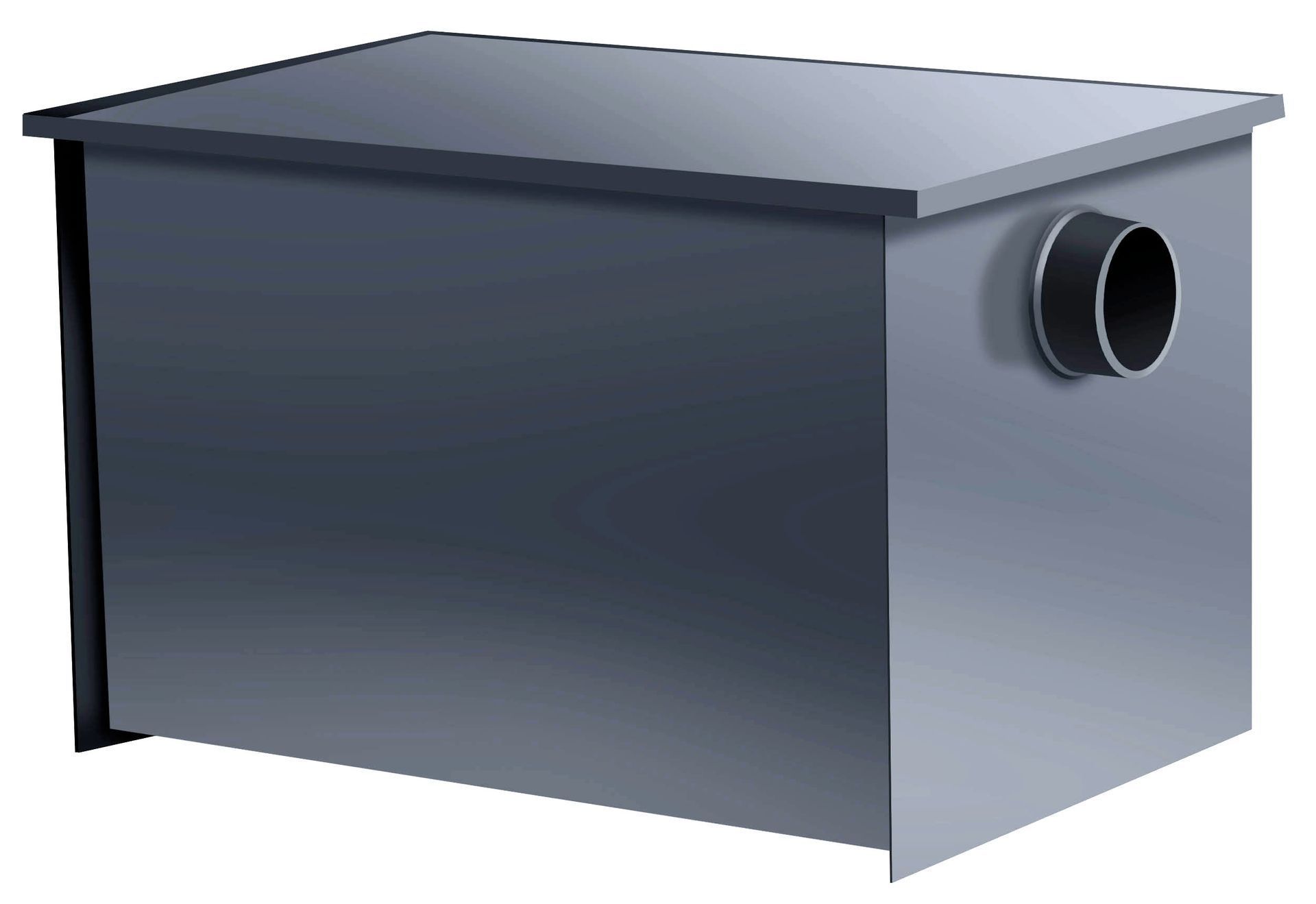 Grey rectangular grease trap with an inlet pipe on the right side.