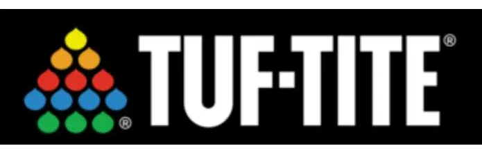 TUF-TITE logo on black background with a colorful triangle made of teardrop shapes.