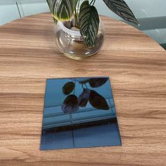 Glass coaster reflecting leaves and a window on a wooden table, next to a vase with a plant.