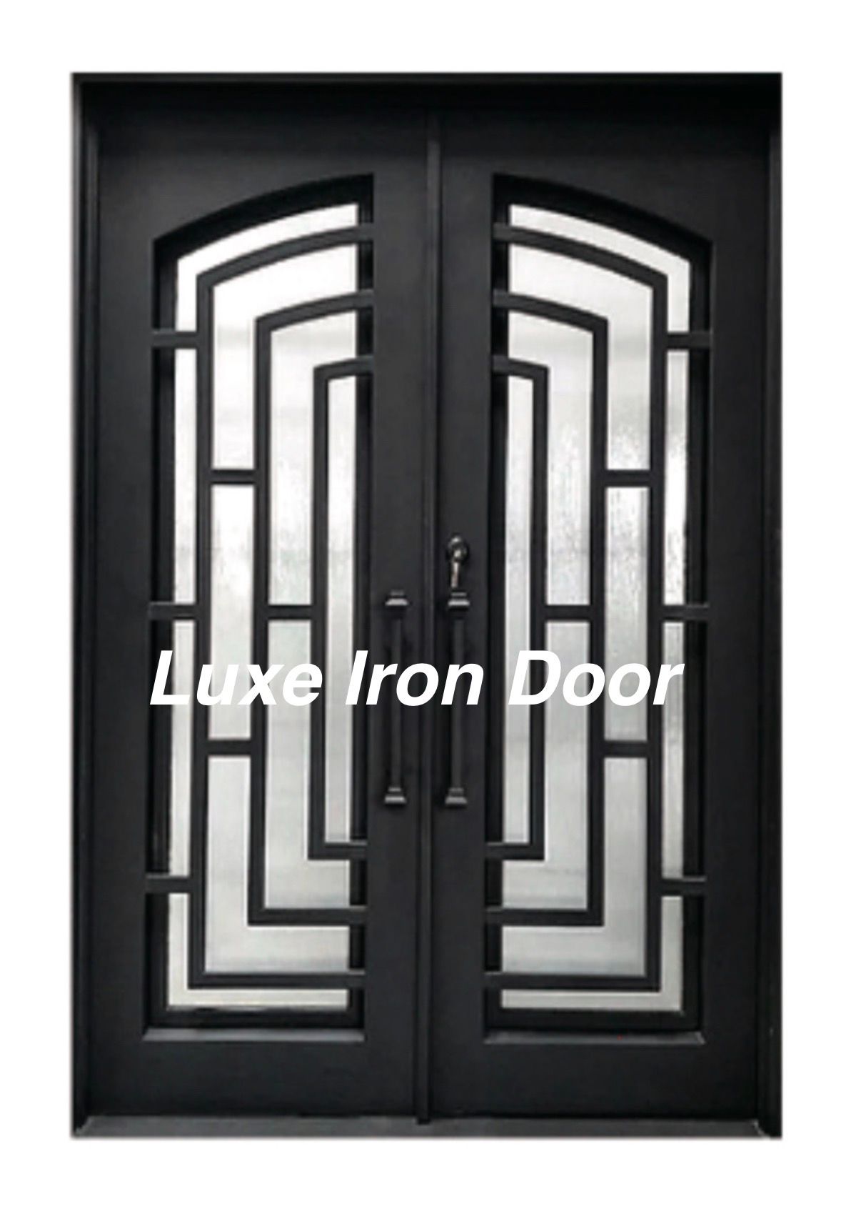 A double iron entry door featuring a matte black finish and a geometric, symmetrical rectangular bar pattern.