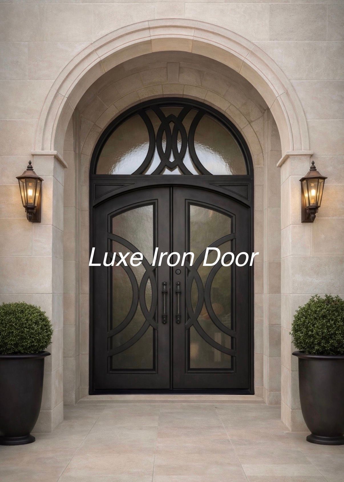 A black double iron door with arched glass panels featuring intricate circular designs, flanked by two outdoor lamps.