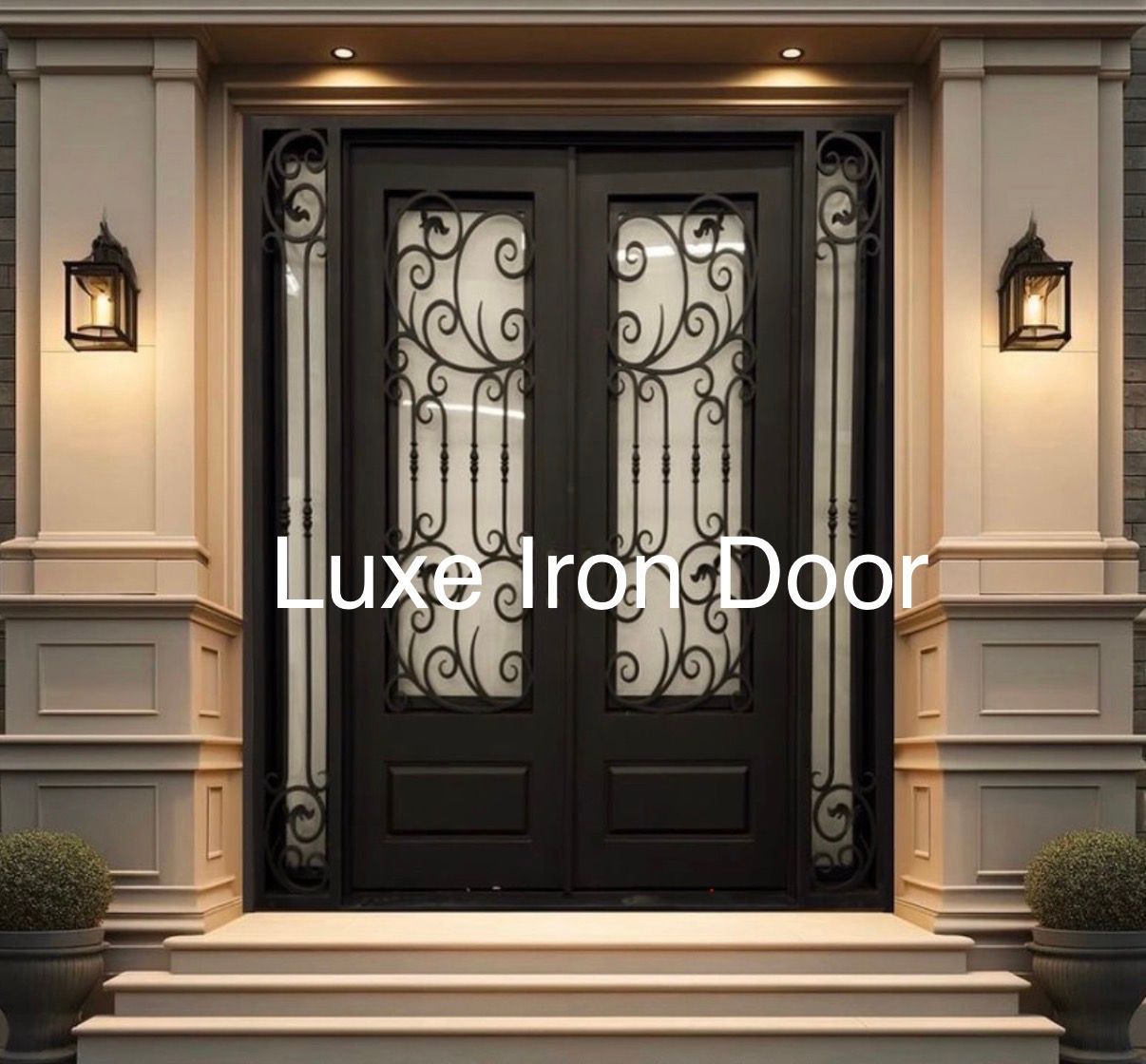 Black double iron door with glass panels and ornate scrollwork, flanked by sidelights and outdoor wall lanterns.