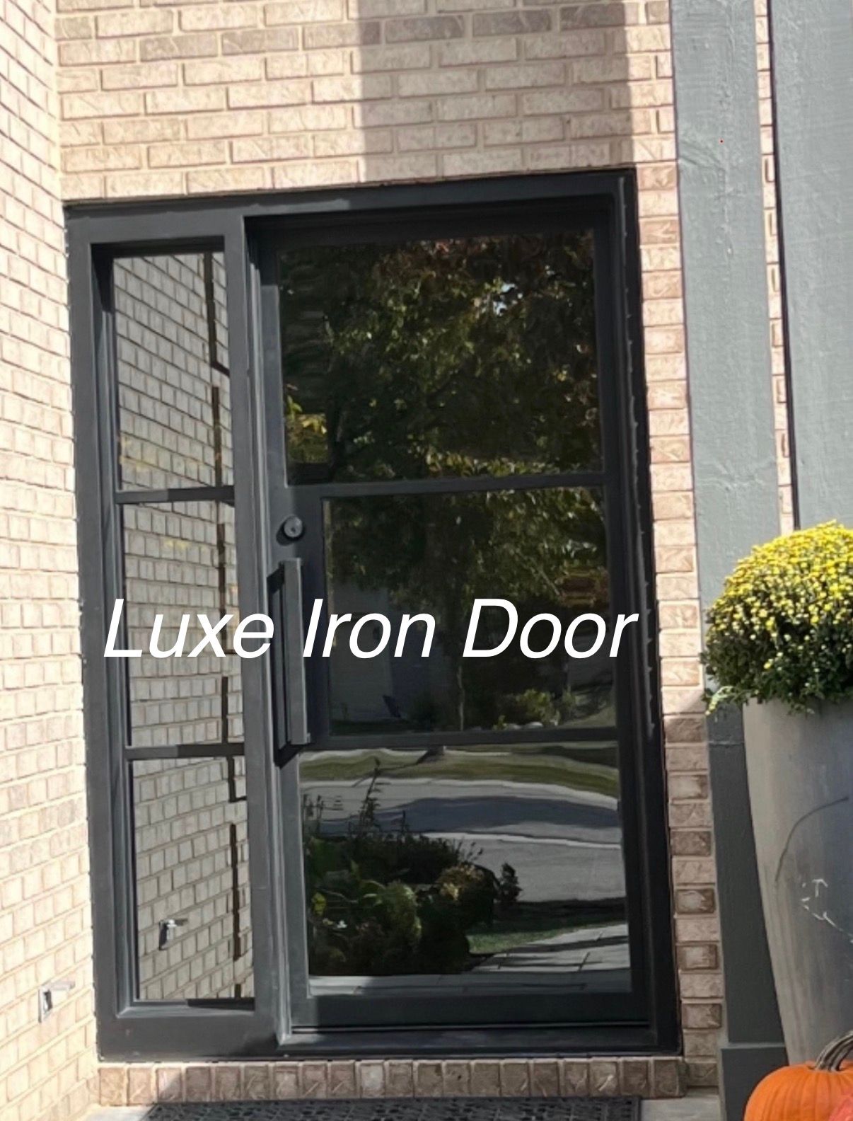 Black iron front door with glass panel and side panel on a brick house, with a potted shrub nearby