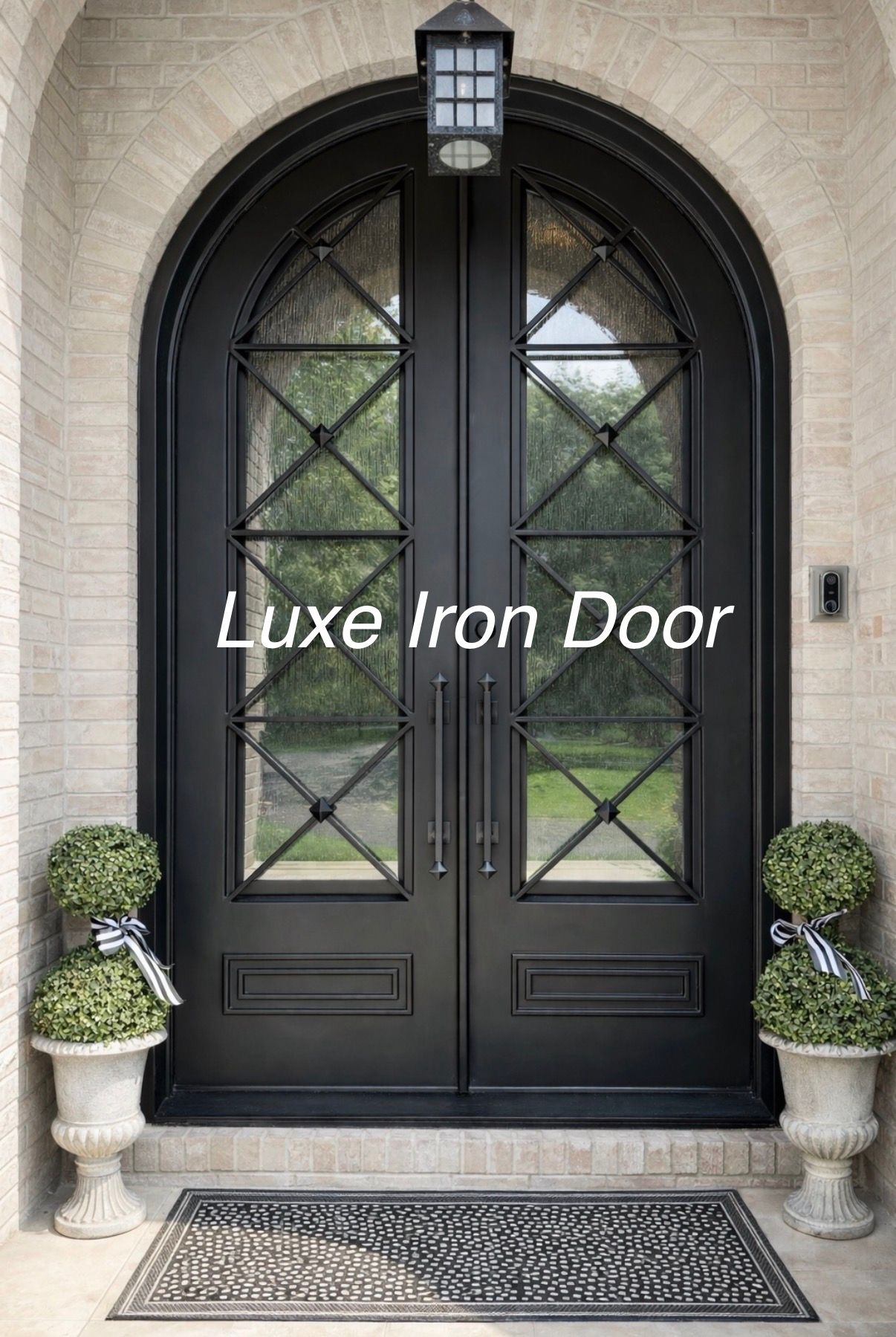 Black arched iron double door with glass panels, flanked by potted plants and a doormat