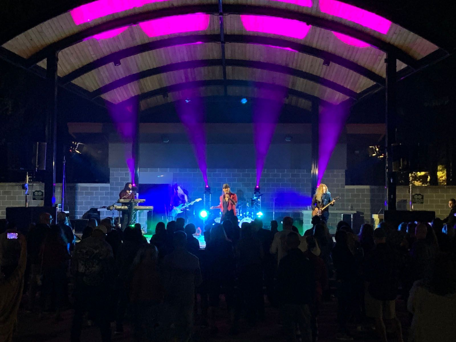 A group of people are standing in front of a stage at a concert