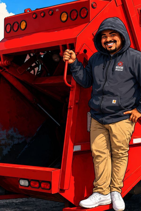 Smiling person in dark hoodie and tan pants standing beside a bright red truck