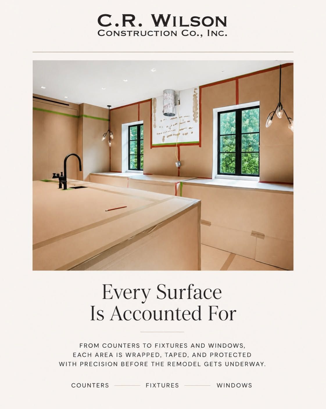 Kitchen renovation ad with unfinished cabinets, windows, and the tagline Every Surface Is Accounted For.