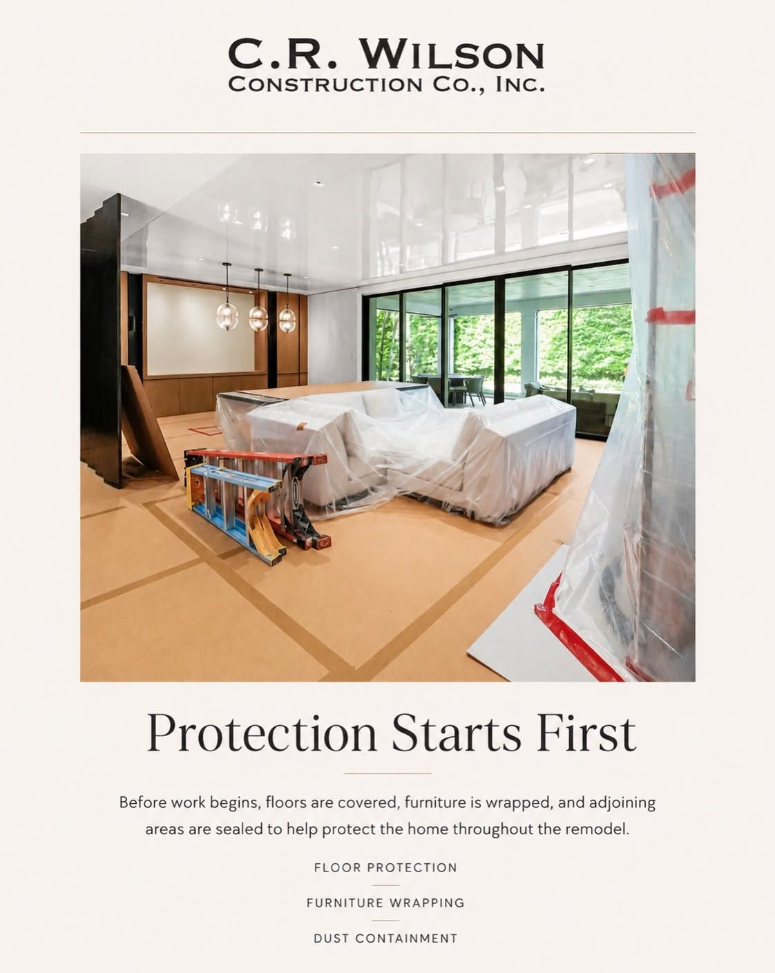 C.R. Wilson construction ad showing a protected room renovation with furniture covered in plastic and floor masking