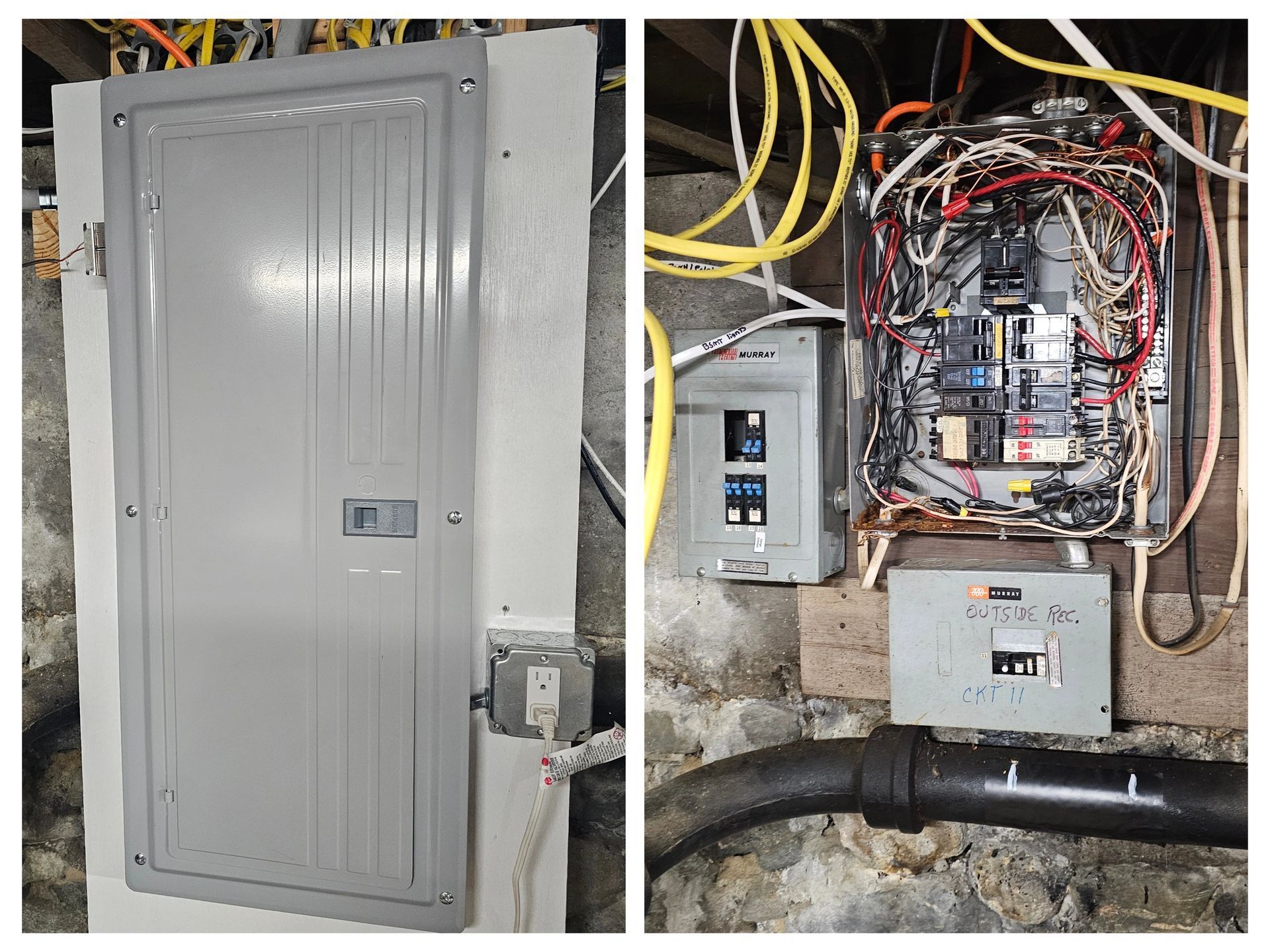 Electrical panels, one closed and one open, showing wiring and circuit breakers.