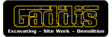 A black rectangular logo with the word "Gaddis" in yellow outline, followed by "Excavating &ndash; Site Work &ndash; Demolition."