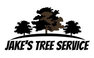 Logo for Jake's Tree Service: Three trees above the text "Jake's Tree Service". The middle tree is brown.