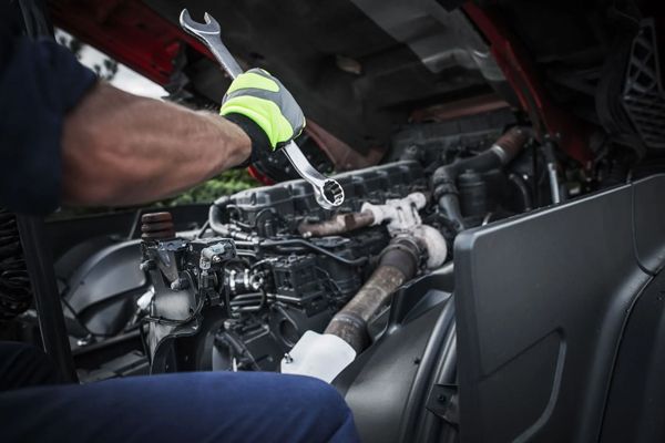 A man is working on a truck engine with a wrench.