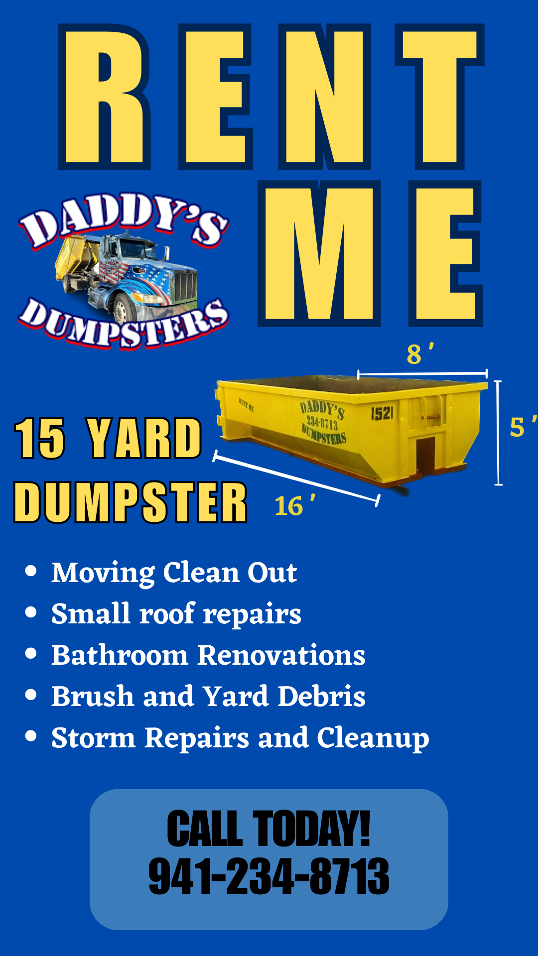 15 yard roll off dumpster ideal for garage cleanouts in Southwest Florida
