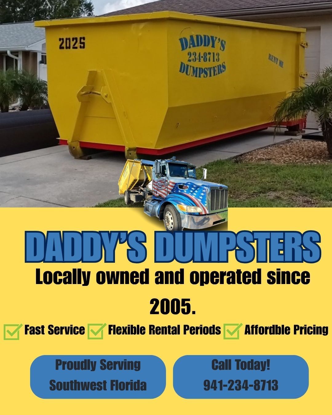 Residential dumpster rental in Southwest Florida used for a holiday home cleanout and Christmas decluttering project