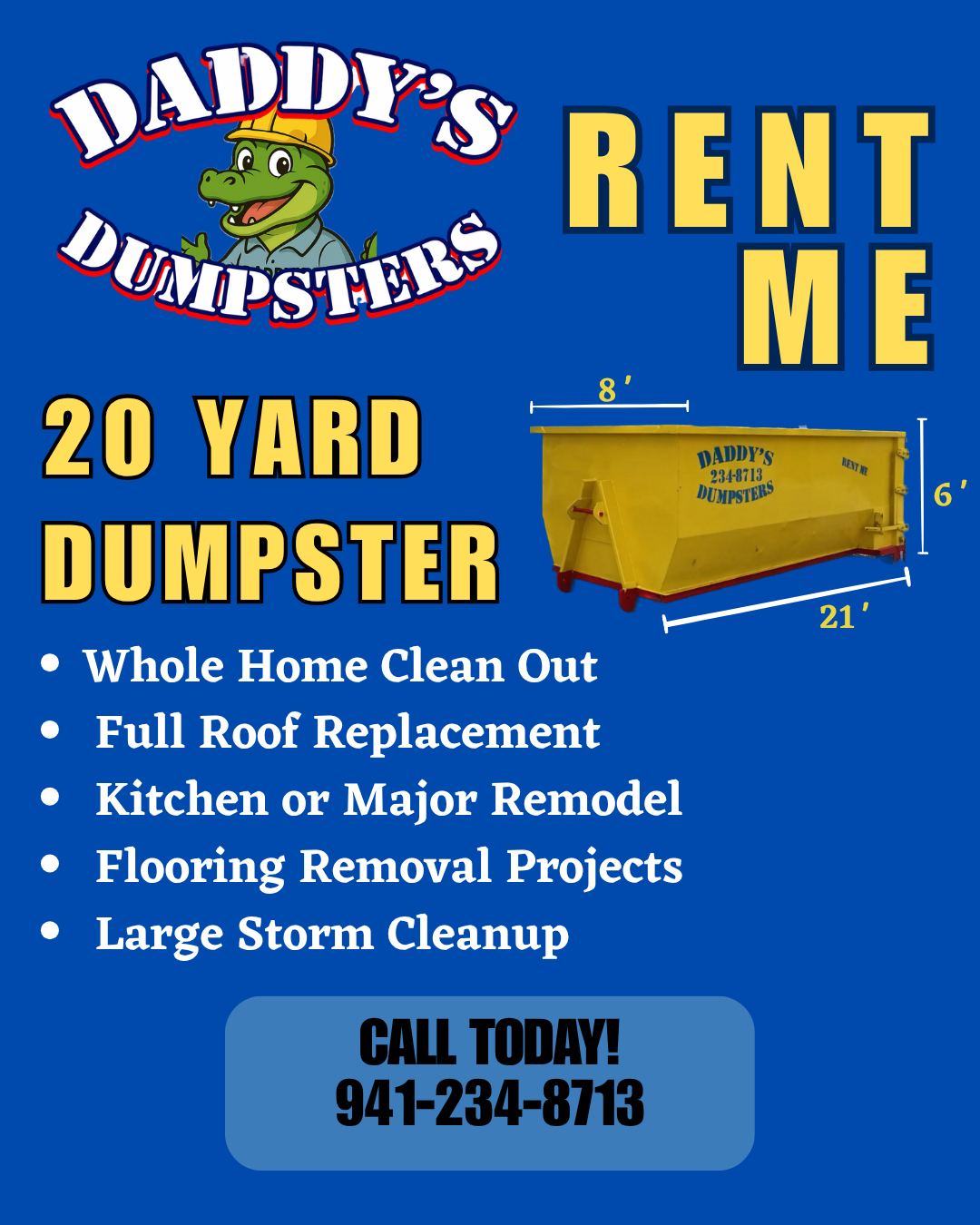 20 yard dumpster rental dimensions and common uses for home renovations, roof replacement, flooring removal, whole home cleanouts, and storm cleanup in Southwest Florida.