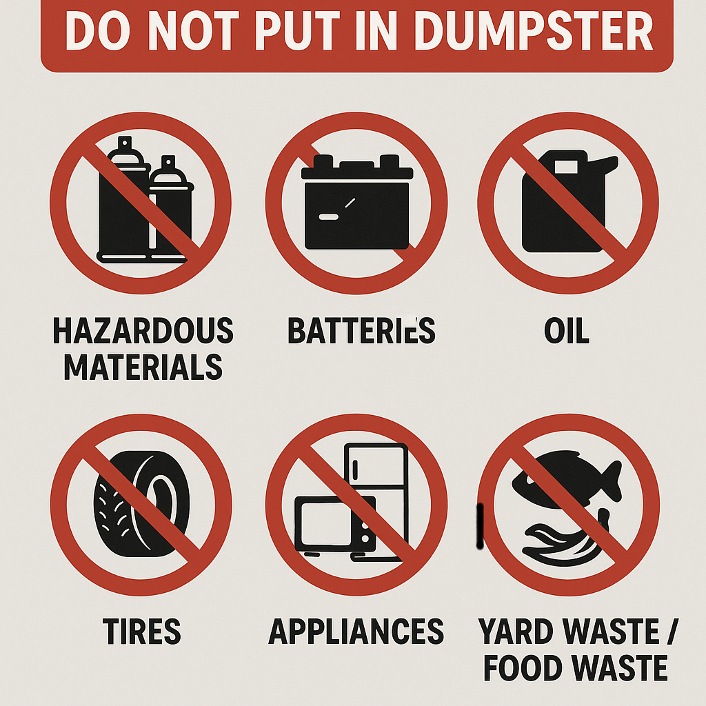 Prohibited dumpster items by Daddy's Dumpsters in Florida, including oil, hazardous materials, batteries, tires, appliances, and yard or food waste.