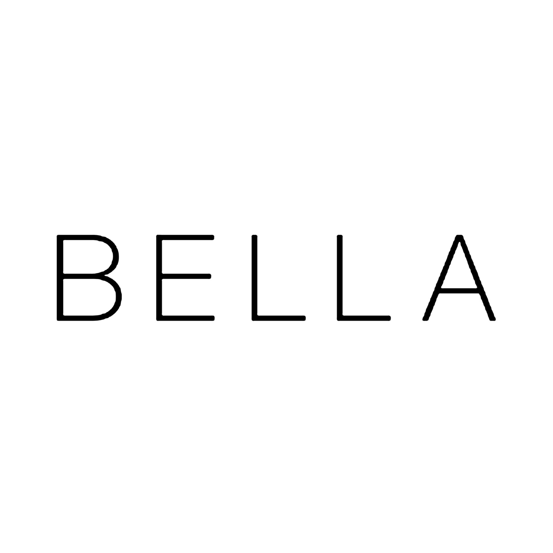 A black and white logo for bella on a white background.