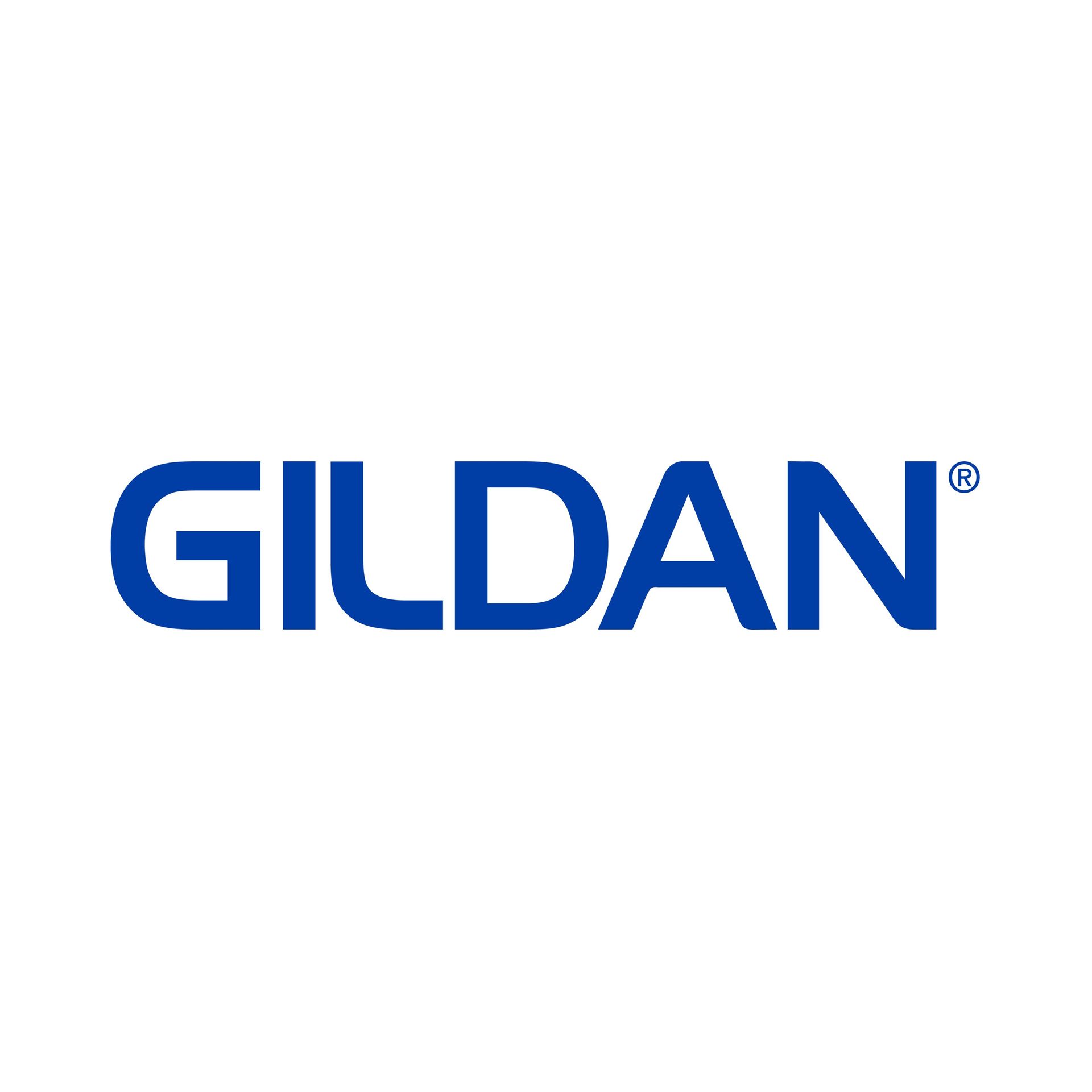 The logo for gildan is blue and white on a white background.