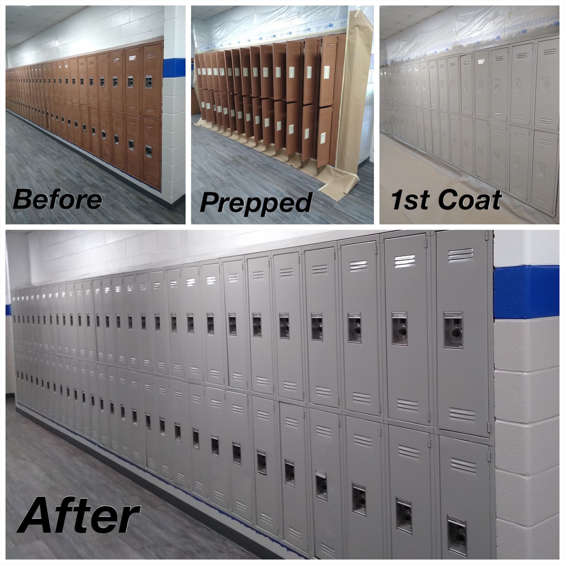 Lockers being painted; before, prepped, first coat, and after shots showing transformation from brown to gray.