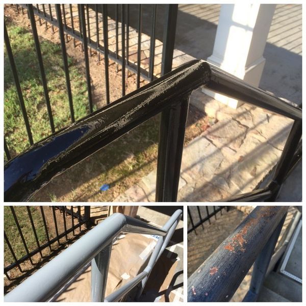 Top-down view of black framed window and black railing on porch.  Close-ups of railing in bottom images.