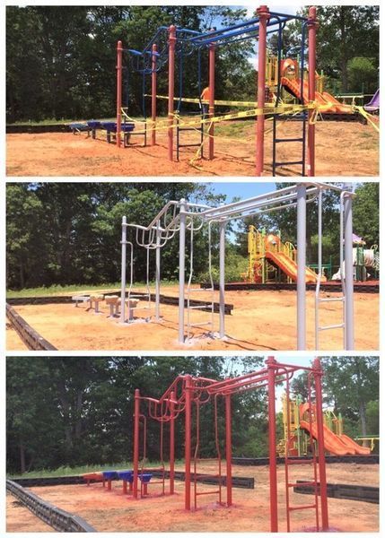 Three playground images: blue, silver, and red monkey bars with a slide.