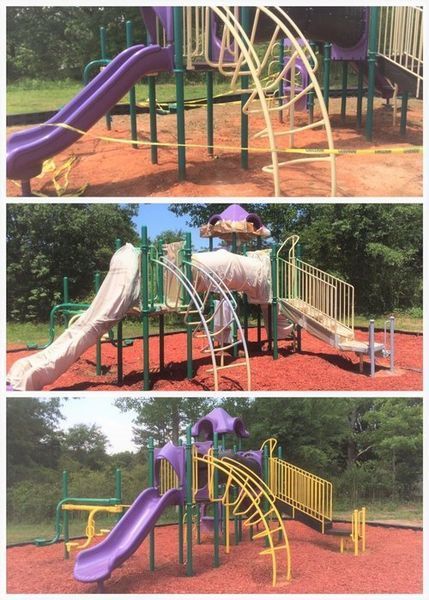 Three photos of a playground with purple and yellow slides, climbing bars, and a rubber ground.