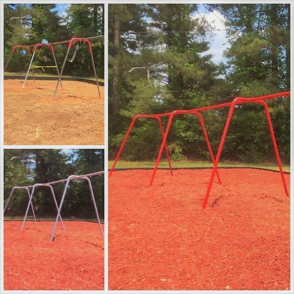Three images of a red swing set at a playground on different backgrounds: bare ground, red mulch, and mulch in the distance.