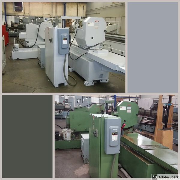 Industrial machines in a workshop, including grinders and control panels. Gray and green equipment.