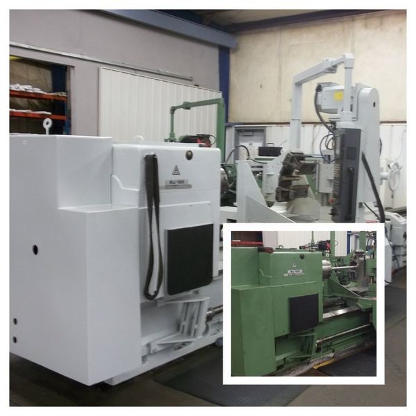 Large white and green industrial machinery in a factory setting. Inset of green machine.