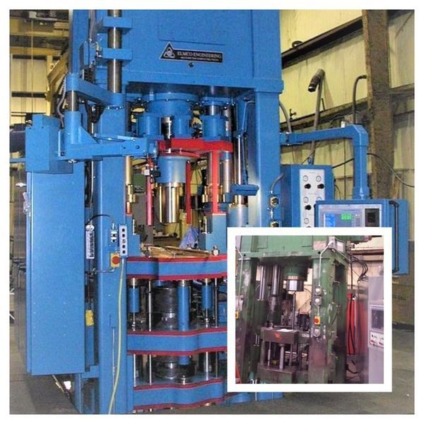 Blue industrial press machine in a factory setting. Inset shows another view of the machine.