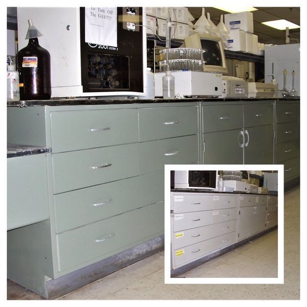 Laboratory cabinets with drawers and countertops, gray color. A secondary view is inset.