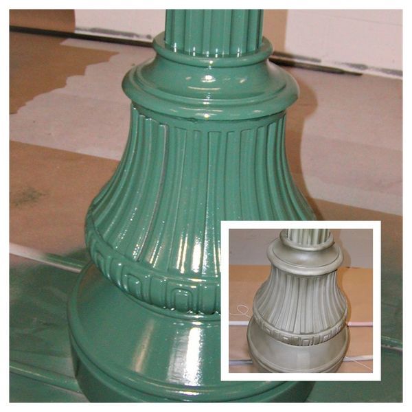 Green painted lamp base, inset shows the before in gray.