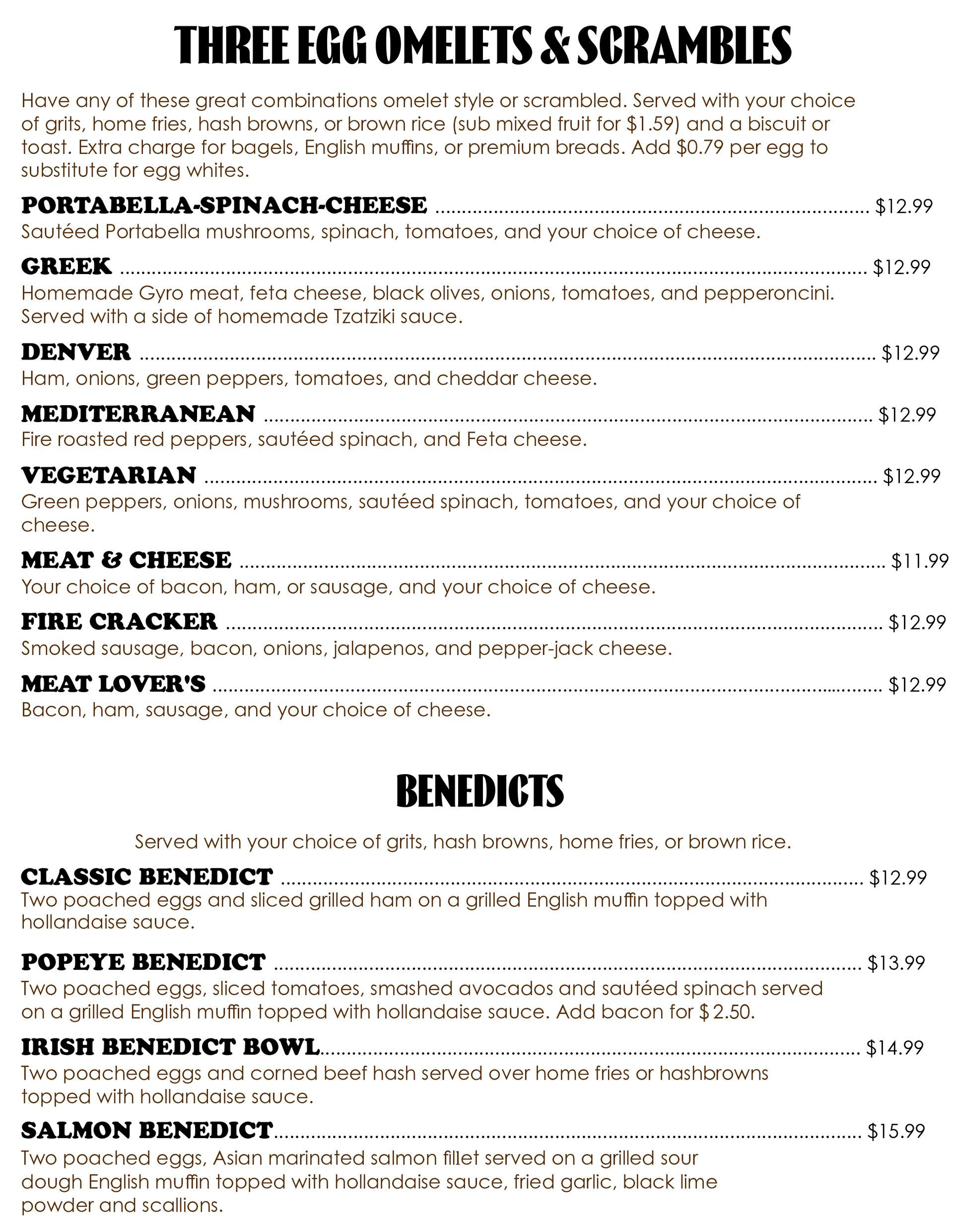 West Location Three Egg Omelets & Scambles Menu 