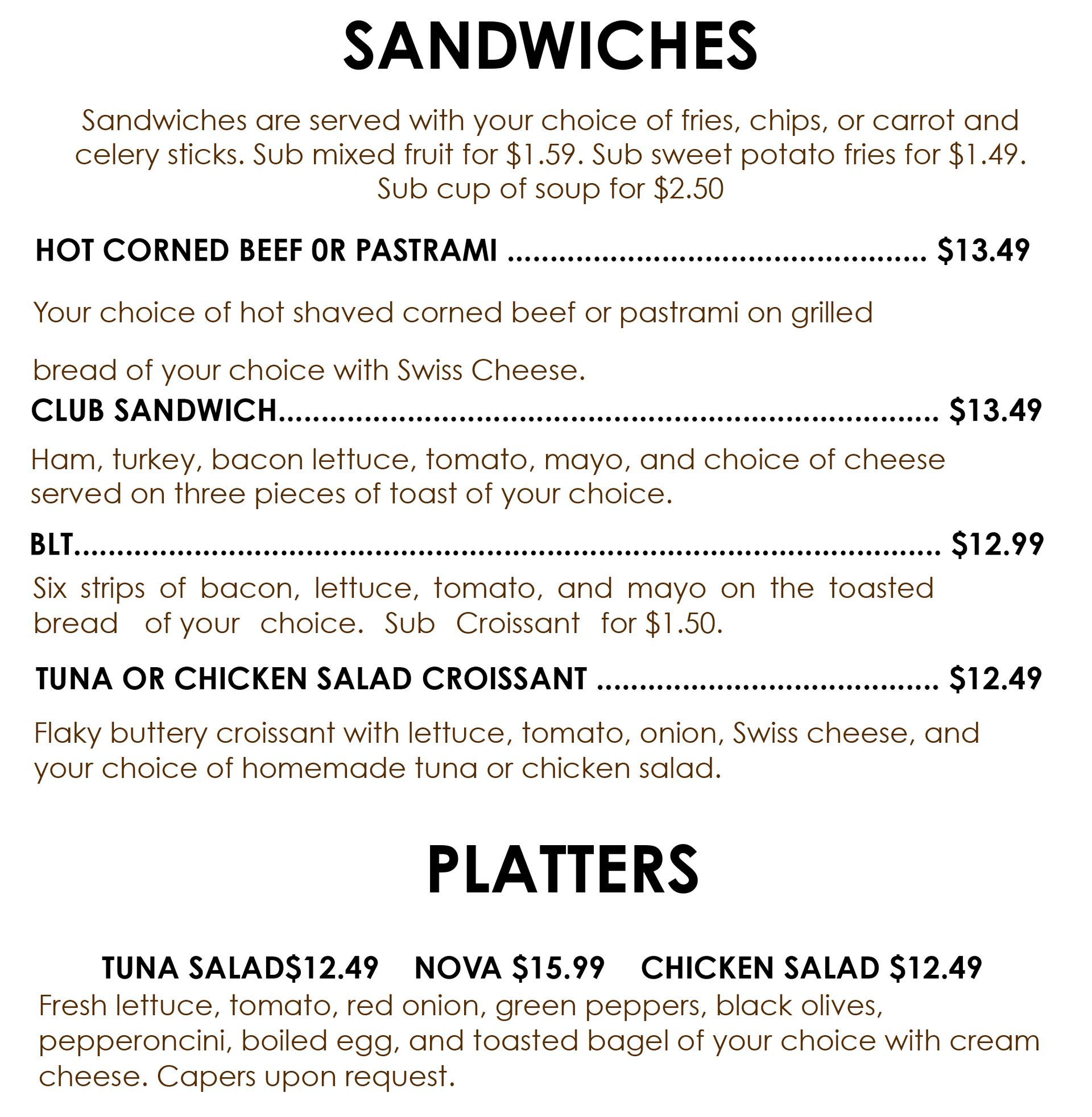 West Location Sandwiches Menu