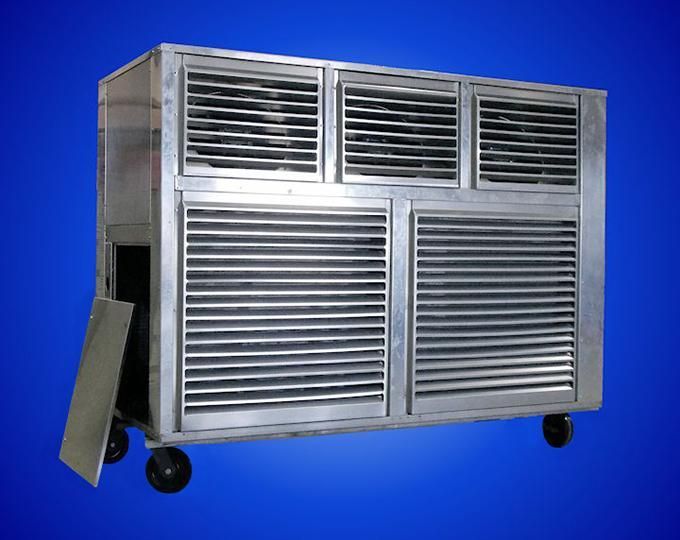 A large stainless steel box with wheels on a blue background