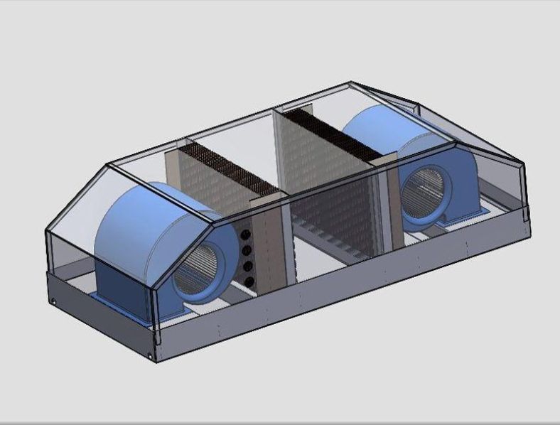 A drawing of a box with two blue fans inside of it