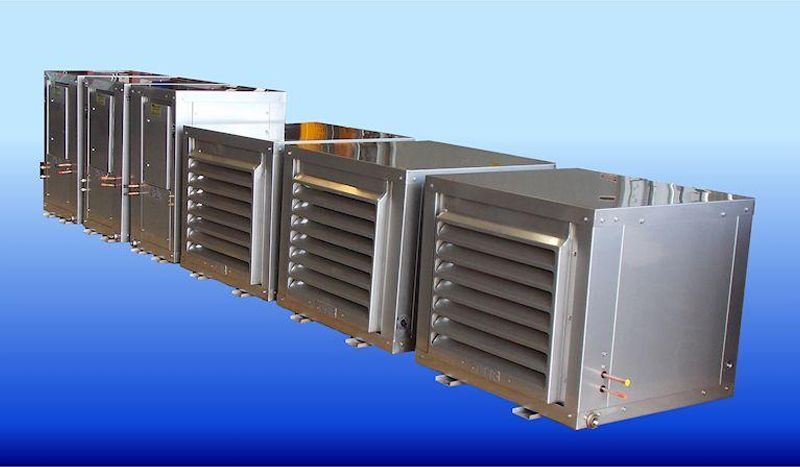 A row of stainless steel air conditioners on a blue background.