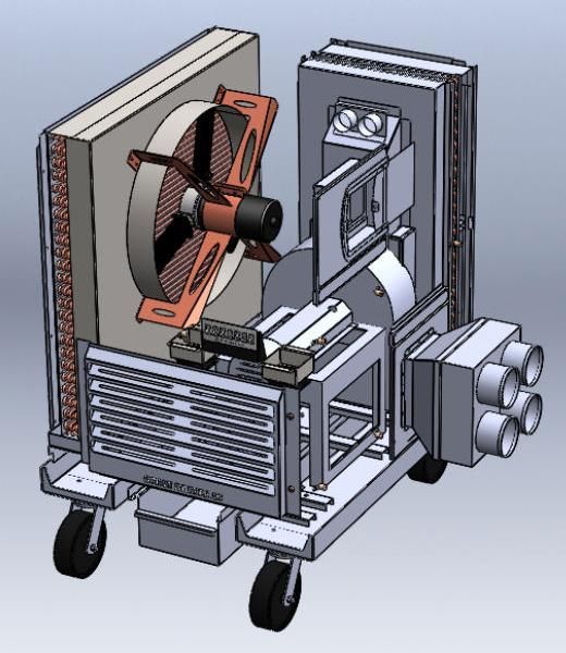 A drawing of a machine with wheels and a fan