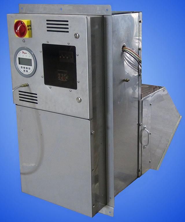 A stainless steel box with a red switch on top