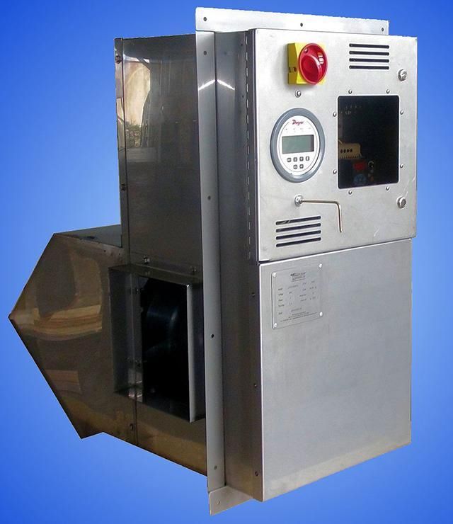 A stainless steel box with a red button on top