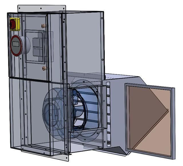 A drawing of a machine with a fan inside of it.