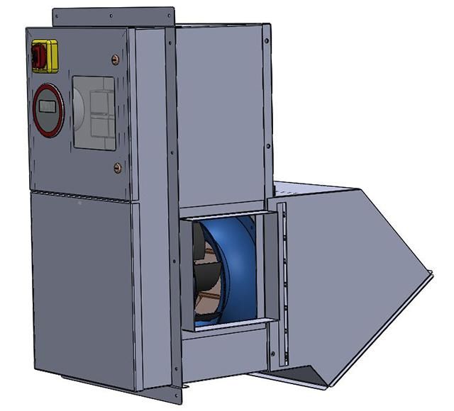 A drawing of a box with a fan inside of it